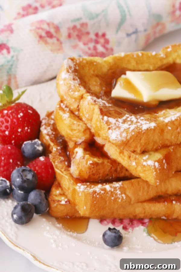 A stack of golden homemade French toast slices, a comforting and classic breakfast staple.