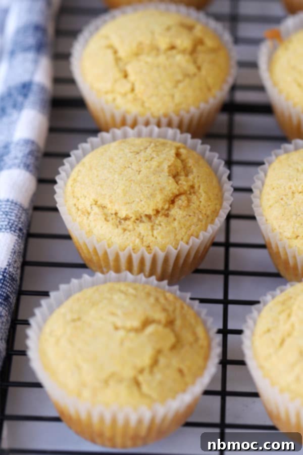 Moist cornbread muffins, baked to a golden hue, a simple and delicious recipe.
