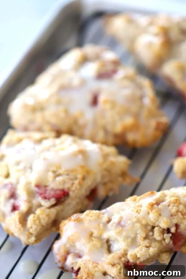 A fluffy homemade strawberry scone, topped with a lemon glaze, a delicious and easy recipe from thecarefreekitchen.com.