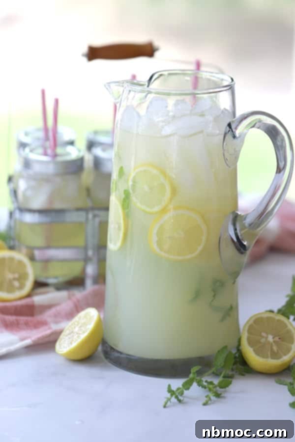 Mint lemonade in a tall pitcher, garnished with fresh lemons and mint leaves, a perfect summer drink.