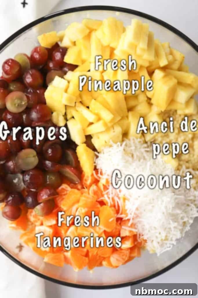 Ingredients for Frog Eye Salad laid out in a large mixing bowl, showcasing fresh fruits, pasta, and the creamy base components.
