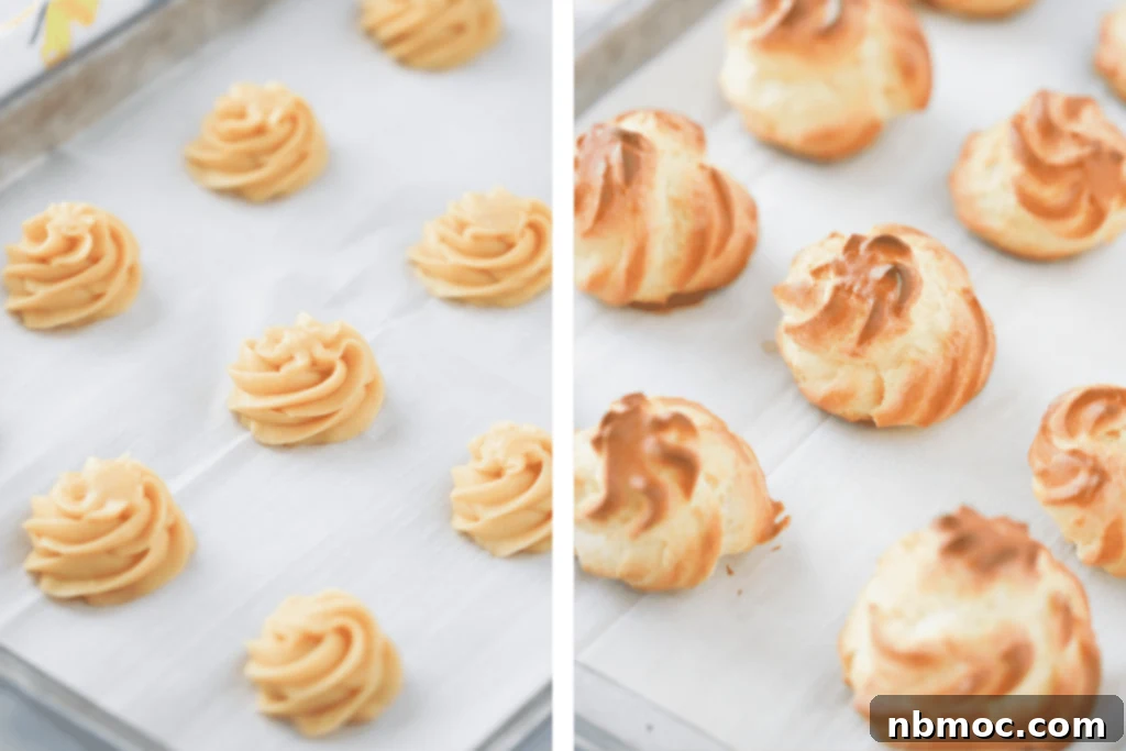 Cream Puffs piped with a styled piping tip on a baking sheet - one photo with them raw and one photo with them baked. cream puff recipe with custard filling, custard puff filling custard.