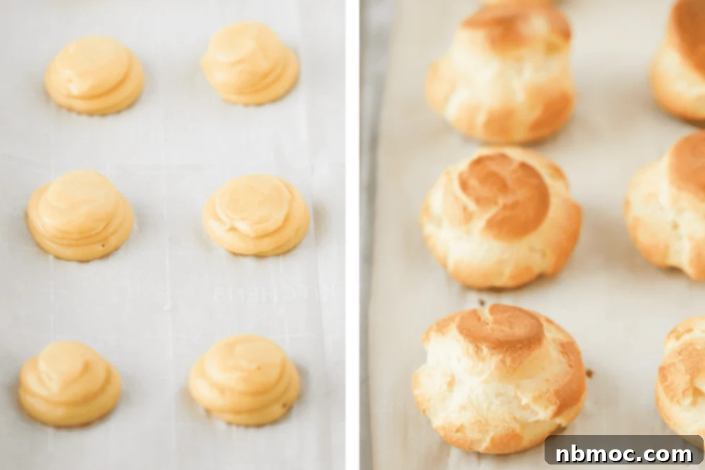 Cream Puff recipe piped with a round piping tip on a baking sheet lined with parchment paper. Custard puff.
