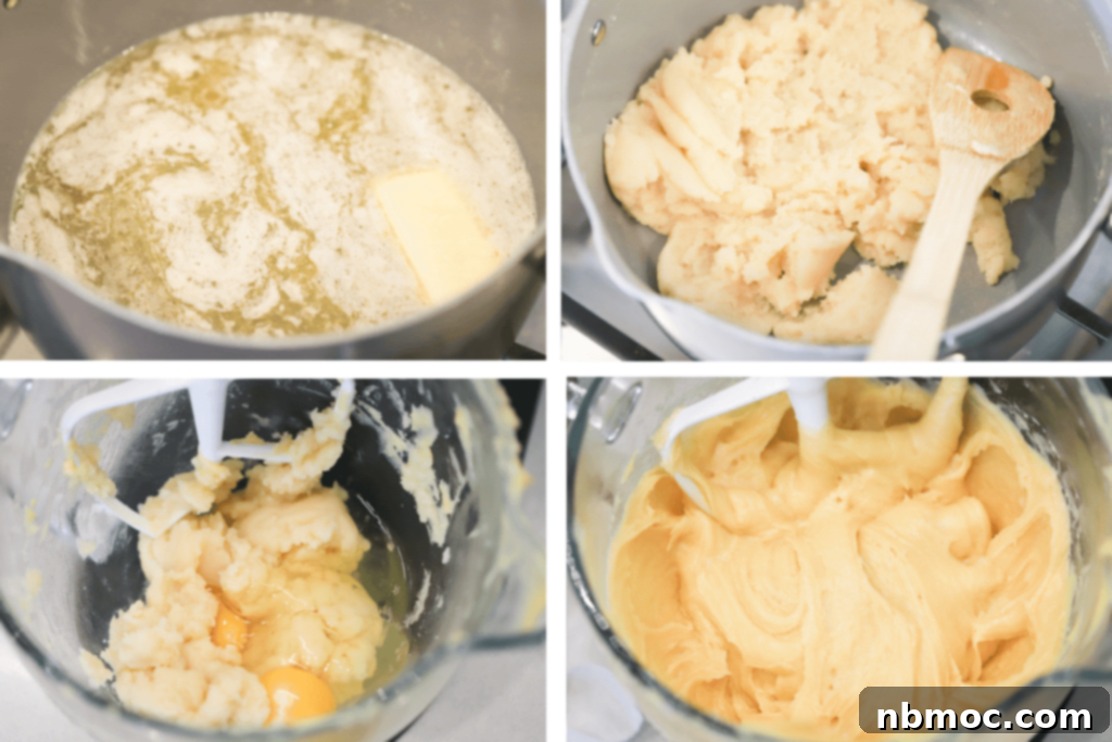 Four photos showing the process for making pâte à choux, including heating the butter and water, cooking the dough in a pot with a wooden spoon, adding the eggs in the mixer and finally the finished dough in the bowl. cream puff recipes with custard filling, custard filling for cream puffs. 