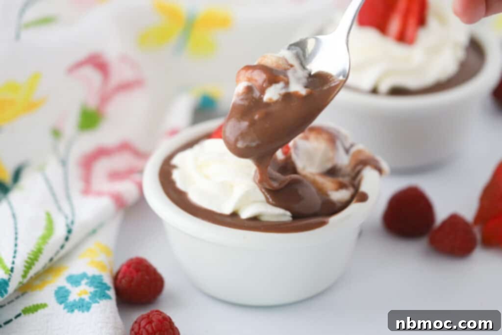 A beautifully set table featuring ramekins of homemade chocolate pudding, topped with airy whipped cream and vibrant fresh berries, with a spoon digging into one, ready for a delightful bite.