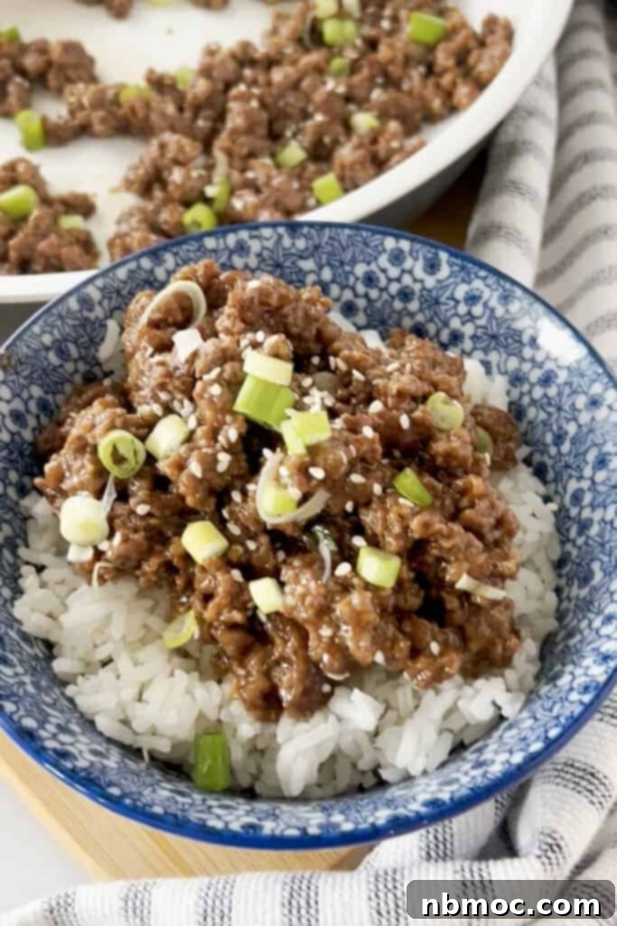A bowl korean beef and rice topped with sliced green onions.