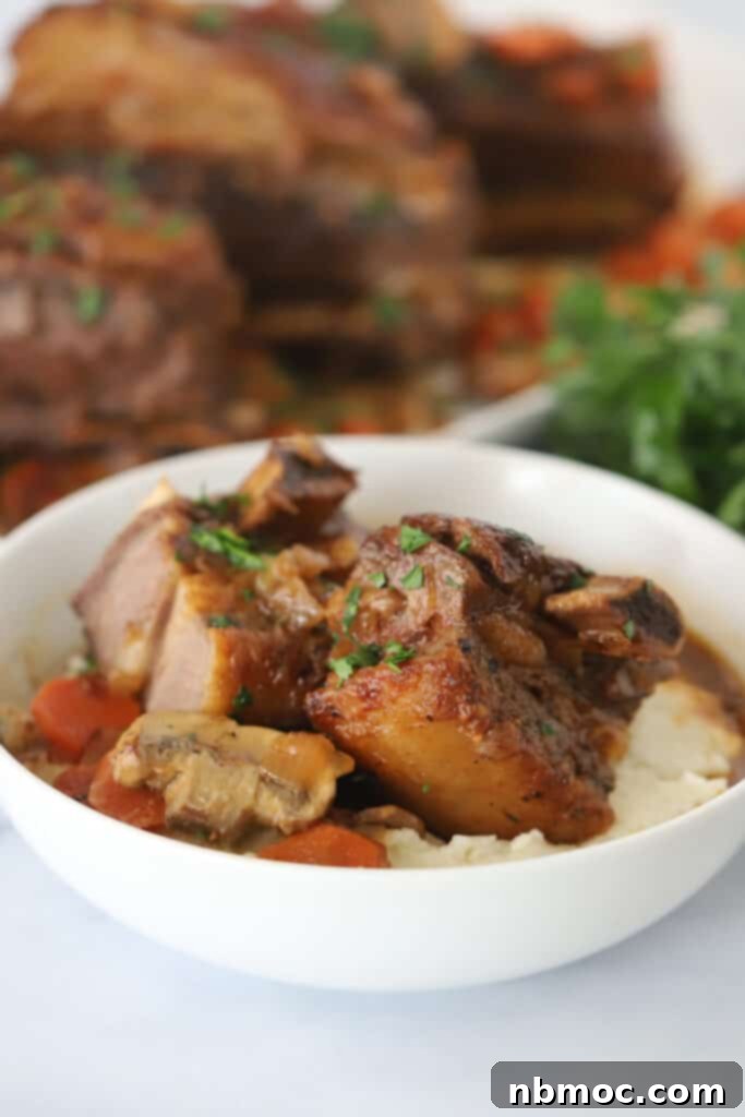 A white bowl full of mashed potatoes and slow cooked short ribs.