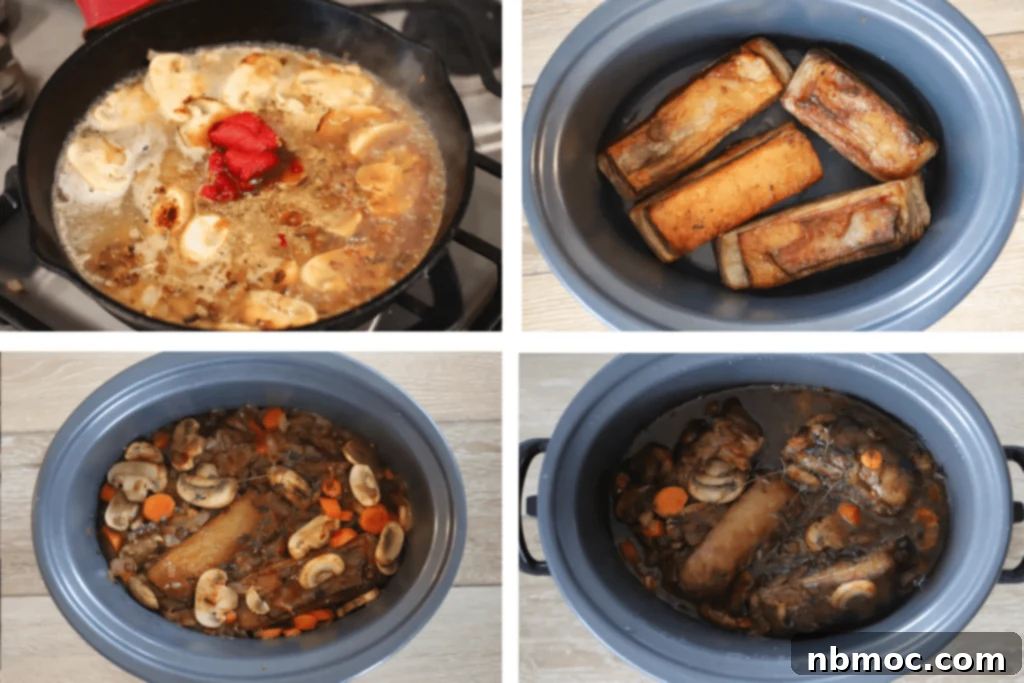 Process photos showing the sauce being cooked in a skillet, the seared short ribs in the slow cooker, and the sauce and short ribs together in the slow cooker.