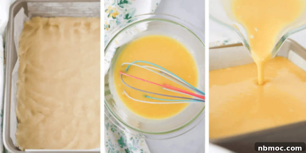 Three photos showing steps for how to make best Lemon Bar recipe including the shortbread crust  lemon bars pressed into a baking sheet, a glass bowl with the filling being whisked and the filling being poured over the baked crust in a pan. lemon bars easy. 