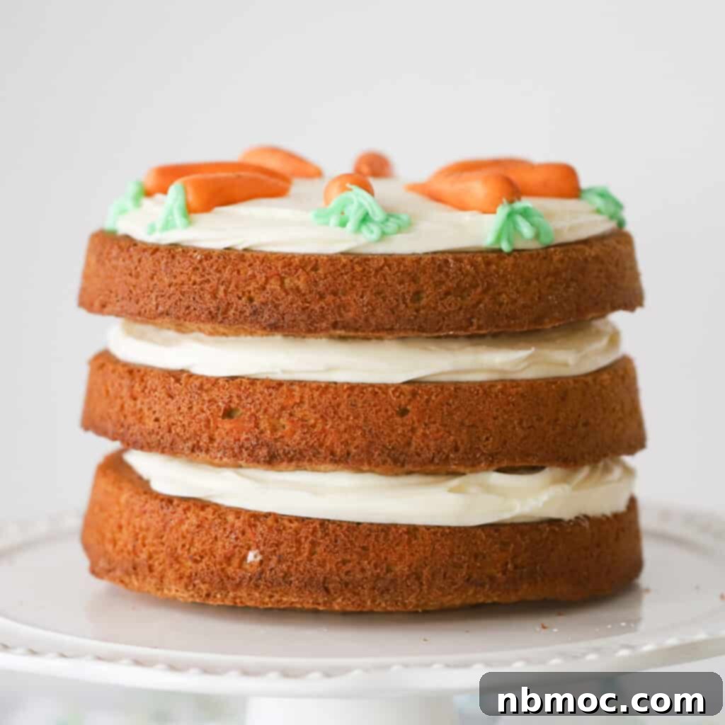 Ultimate Carrot Cake 2 A naked carrot cake made with three layers of carrot cake filled with cream cheese frosting, topped with icing carrots. How to decorate carrot cake.