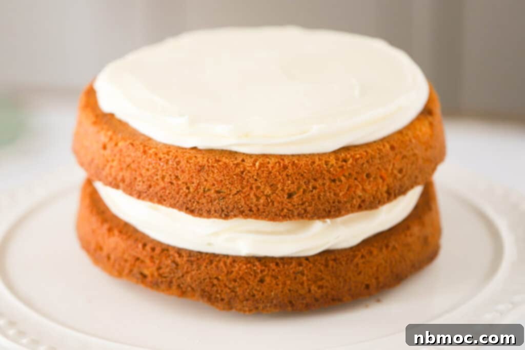 Ultimate Carrot Cake 4 A side view of layers of Carrot Cake on a white plate with cream cheese frosting in between and on top.