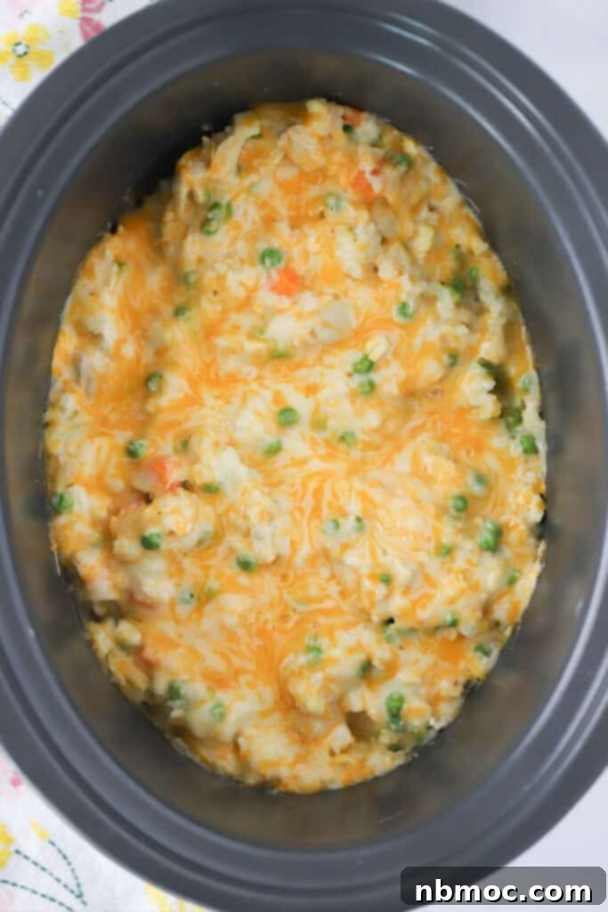 Effortless Cheesy Chicken and Rice Feast 2 A crockpot filled to the brim with creamy, golden Cheesy Chicken and Rice, ready to be served.