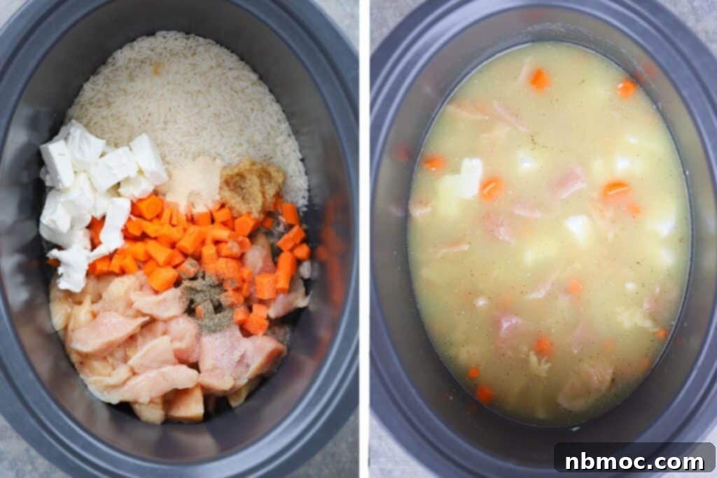 Effortless Cheesy Chicken and Rice Feast 3 An overhead view of a slow cooker with fresh ingredients like diced chicken, rice, carrots, and cream cheese cubes, ready to be combined.