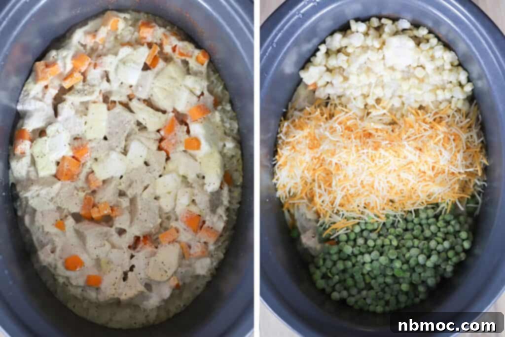 Effortless Cheesy Chicken and Rice Feast 4 A series of four photos showing the step-by-step process of making cheesy chicken and rice in a crockpot: initial ingredients, broth added, cooking, and the finished dish.