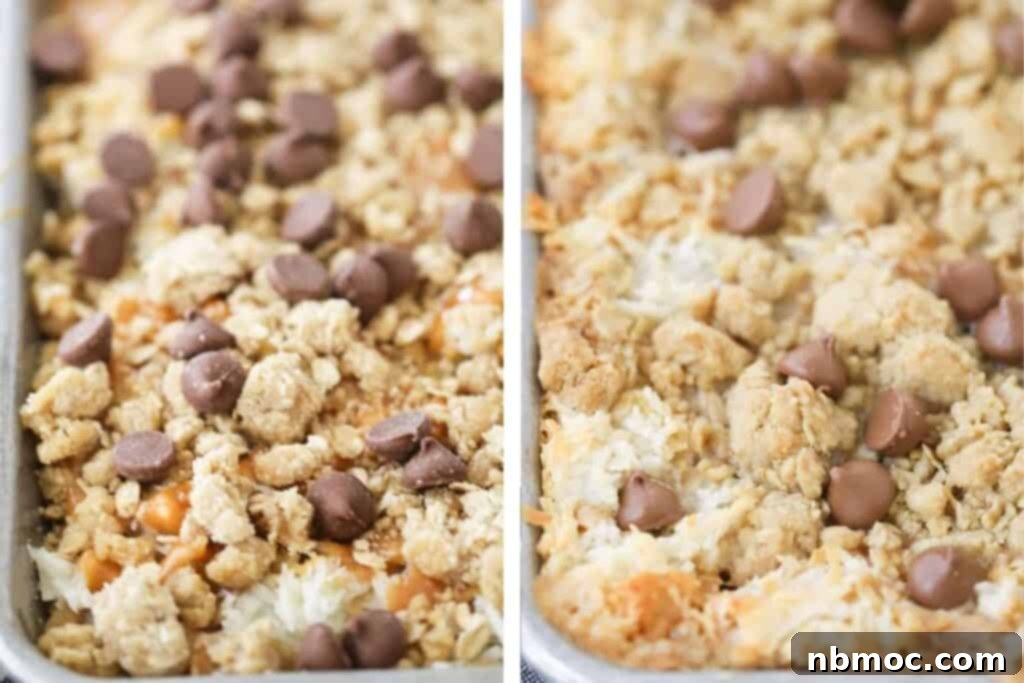 A baking sheet full of seven layer magic cookie bars topped with coconut and chocolate chips.