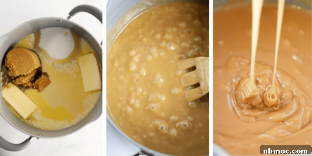 Three photos showing the process for making homemade caramel in a pot, including a picture of the ingredients in the pot, a picture of the ingredients cooking in the pot and a finished photo of the caramel.