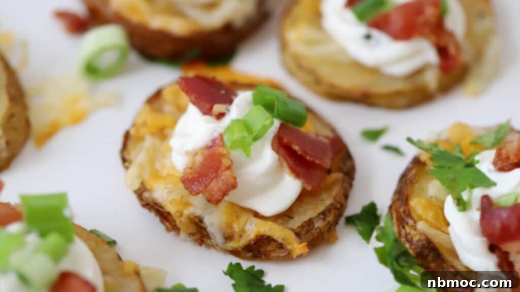 Crispy Potato Bites loaded with cheese, bacon, and green onions, adaptable with blue potatoes for a patriotic theme.
