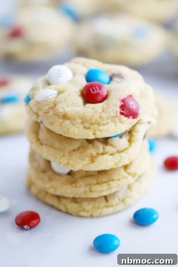 Red, White, and Blue M&M's Chocolate Chip Cookies, festive for Memorial Day or 4th of July.