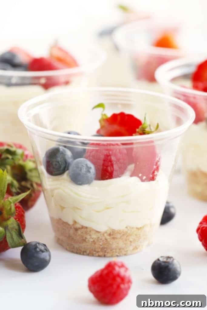 Mini No-Bake Cheesecakes topped with fresh strawberries and blueberries for a patriotic theme.