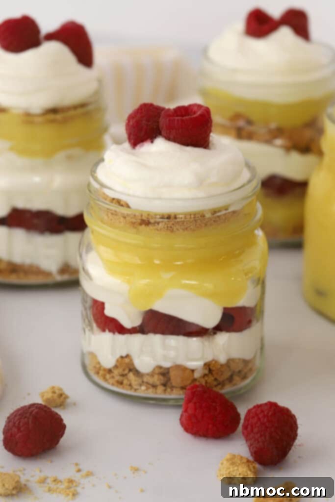 A refreshing Lemon, Raspberry, and Blueberry Parfait layered in a glass, ideal for a red, white, and blue dessert.
