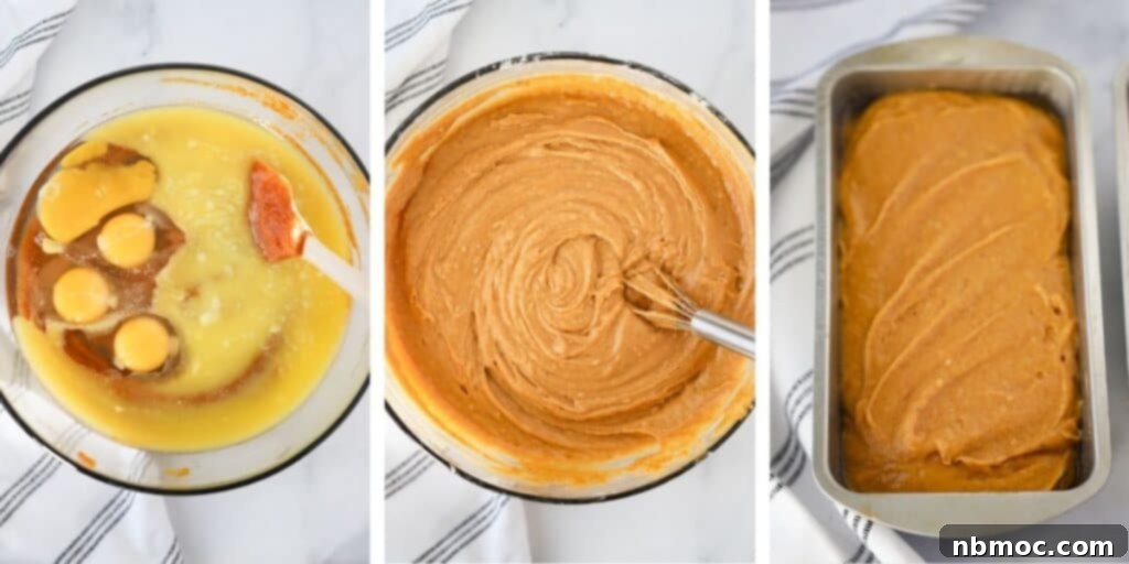 Autumn Spice Pumpkin Loaf 3 How to make pumpkin bread batter from scratch, showing the vibrant orange mixture in a bowl.