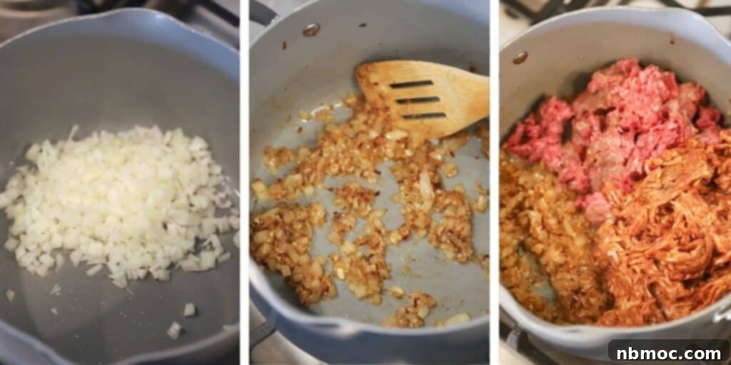 Rich Homestyle Meat Sauce 4 Three photos showing a pot with onions cooking, a pot with the onions caramelized and a pot with the ground beef added and cooking. meat sauce recipe.