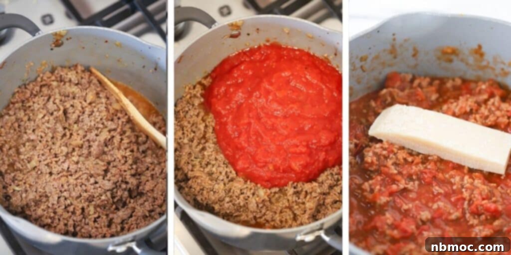 Rich Homestyle Meat Sauce 5 Three photos showing cooked ground beef in a pot, crushed tomatoes over the top and finally the homemade meat sauce mixture with a Parmesan rind on top cooking in the pot.