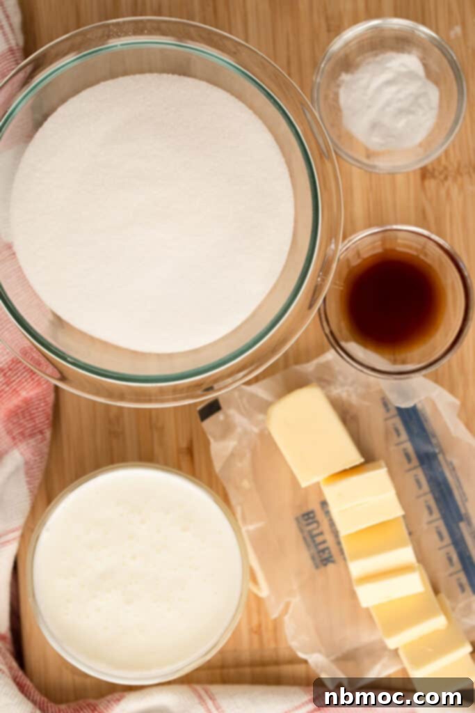 Velvety Buttermilk Syrup Perfection 3 Homemade Buttermilk Syrup Recipe ingredients laid out on a cutting board, ready for preparation.