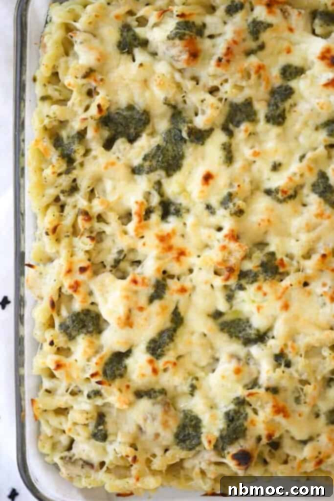 A baking dish full of pesto chicken pasta bake, topped with golden-brown cheese and fresh parsley.