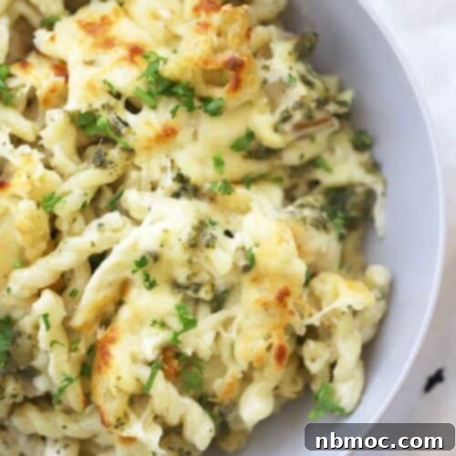 chicken pesto pasta recipe in a white dish