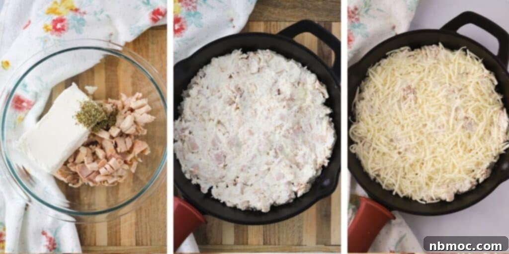 Three photos showing how to make this Alfredo dip with chicken.  First, it shows a glass bowl with chopped chicken, cream cheese and seasoning.  Second, it shows a cast iron skillet full of mixed dip.  Third, it shows the filled skillet now topped with shredded cheese and ready to bake.