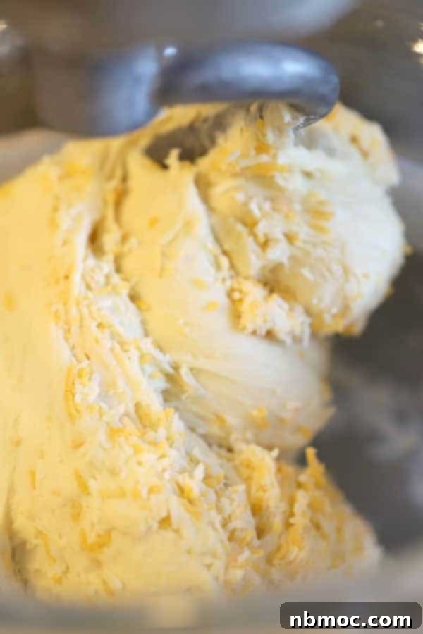 cheddar bread dough in a kitchen aide mixing bowl.
