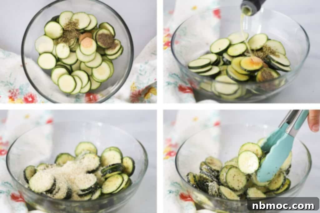 Four photos showing the steps for seasoning sliced zucchini. Each photo has the zucchini in a large glass mixing bowl.
