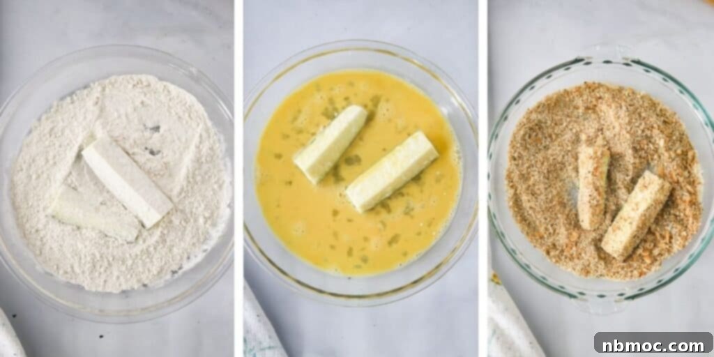 Crispy Zucchini Fries 5 Three photos showing three separate bowls: one with flour, one with an egg mixture and one with a bread crumb mixture for dipping the zucchini sticks.