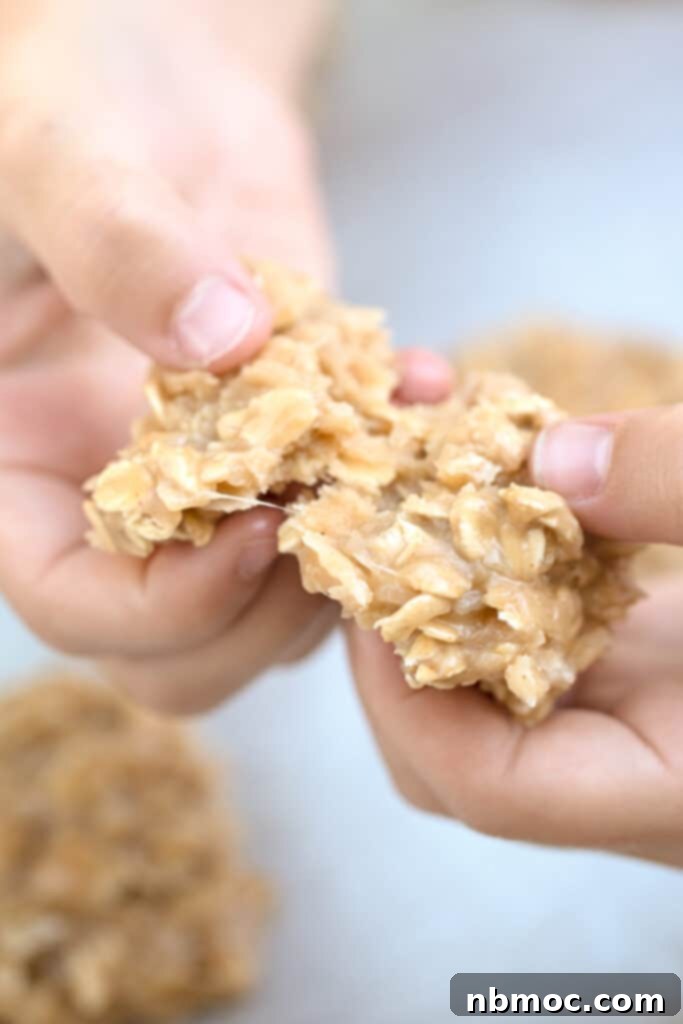 Hands holding no bake cookies with coconut and peanut butter.