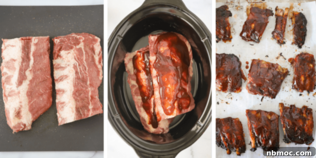 Steps showing how to make Spare Ribs in the slow cooker. First, raw spare ribs are but in half on a cutting board. Second, they are placed into a crockpot with BBQ sauce. Finally, they are cooked and resting on a sheet tray. slow cooker bbq ribs, spare ribs in slow cooker.