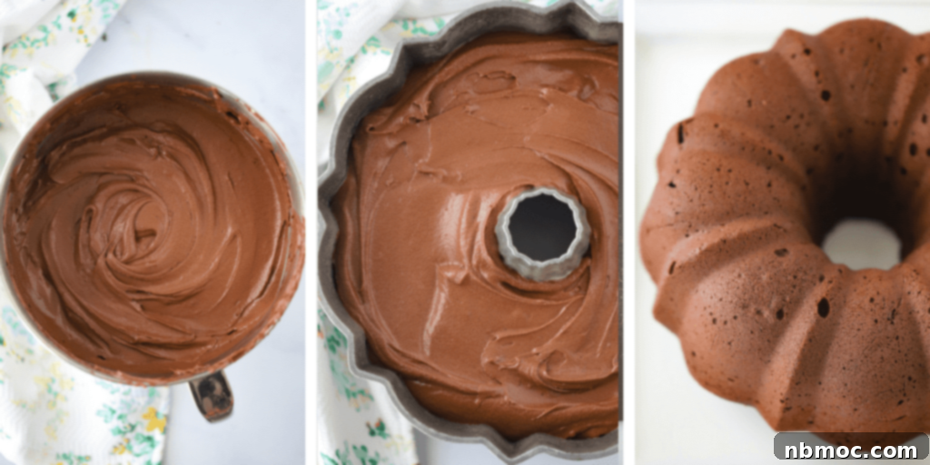 Decadent Chocolate Pound Cake 4 A visual guide on how to make chocolate pound cake, specifically baked as a chocolate bundt cake, detailing the baking process.