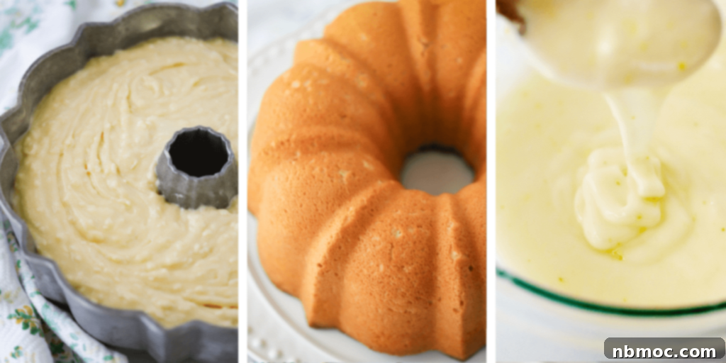 Three photos in a row showing how to make coconut pound cake batter in a bundt pan, a baked pound cake on a serving platter and a bowl with glaze.