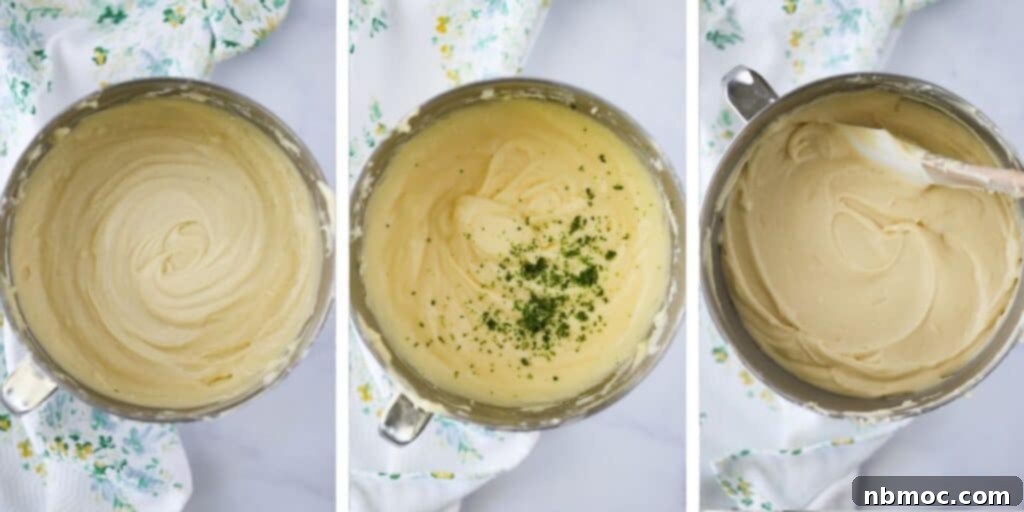 Florida Keys Pound Delight 4 Three photos showing a mixing bowl full of cake batter. The first is the plain batter. The second shows the batter topped with fresh lime zest. The third shows a spatula mixing the batter.