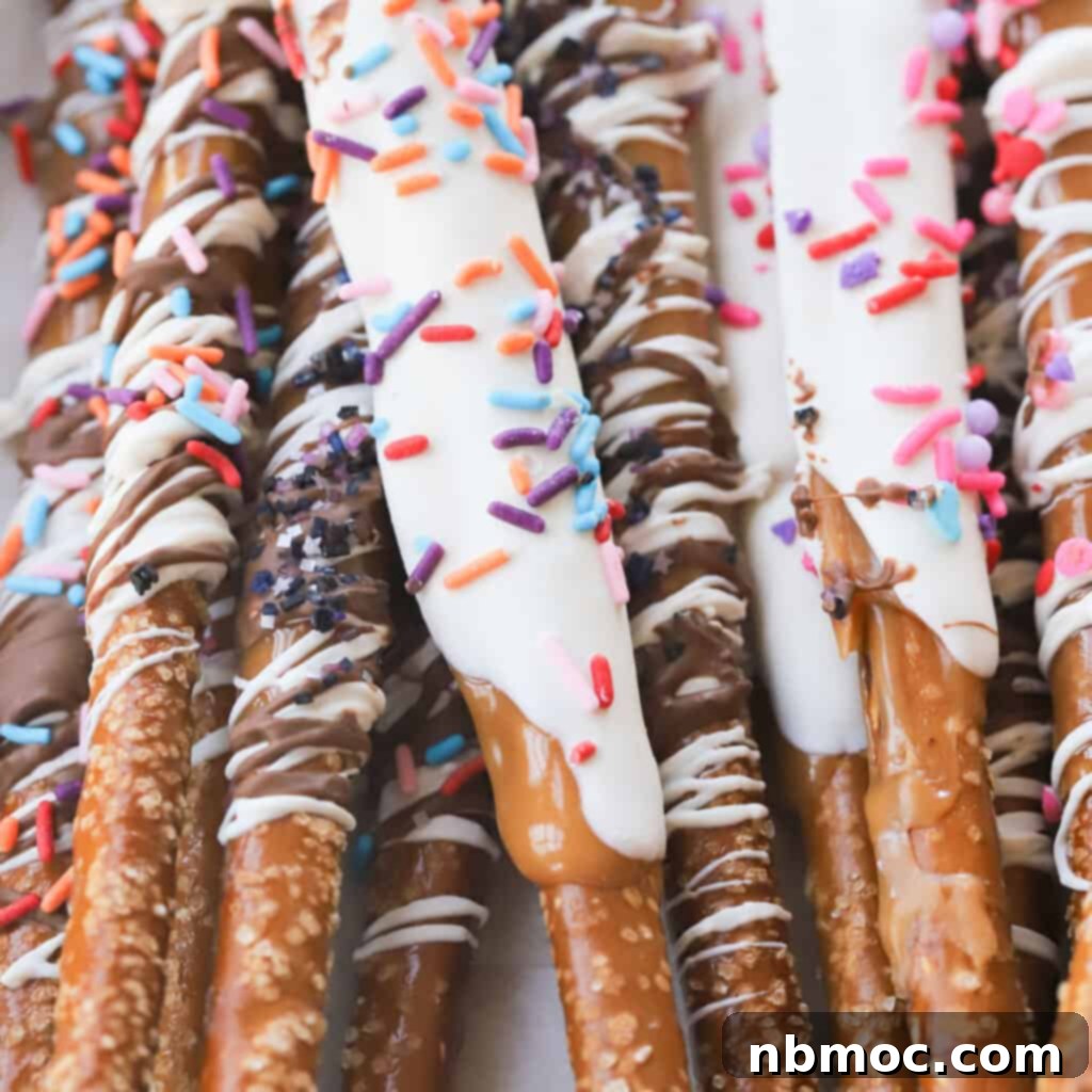 21+ Decadent Caramel Dessert Recipes 13 Beautifully crafted caramel-dipped pretzel rods, adorned with chocolate drizzles and sprinkles.