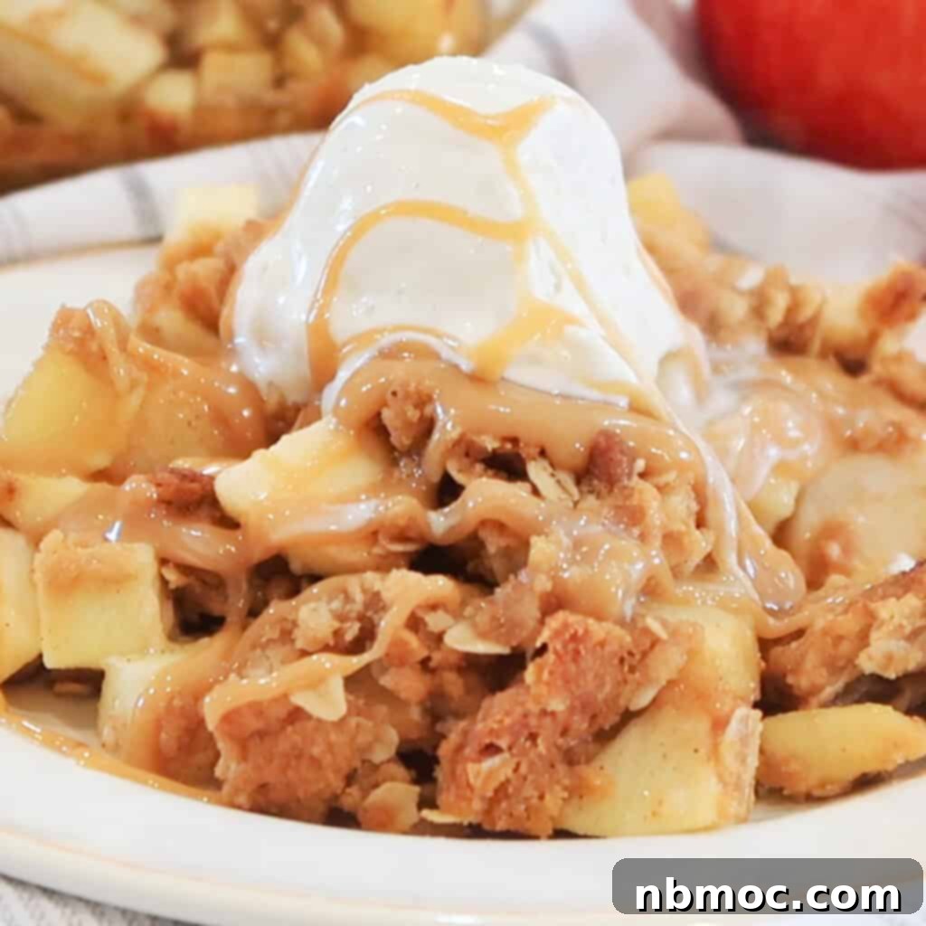 21+ Decadent Caramel Dessert Recipes 20 A comforting apple crisp with a golden oat topping, featuring a hint of caramel peeking through.
