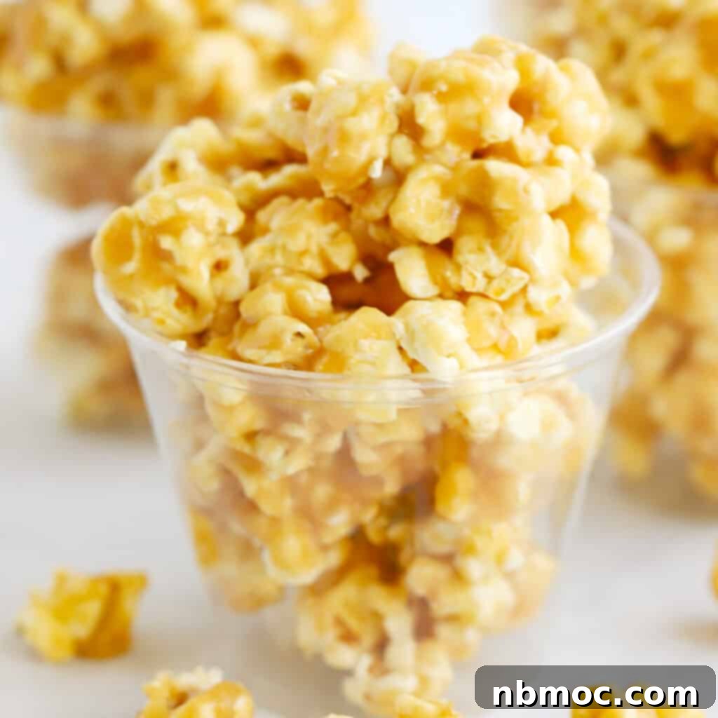 21+ Decadent Caramel Dessert Recipes 9 Homemade caramel popcorn generously portioned into individual plastic cups.