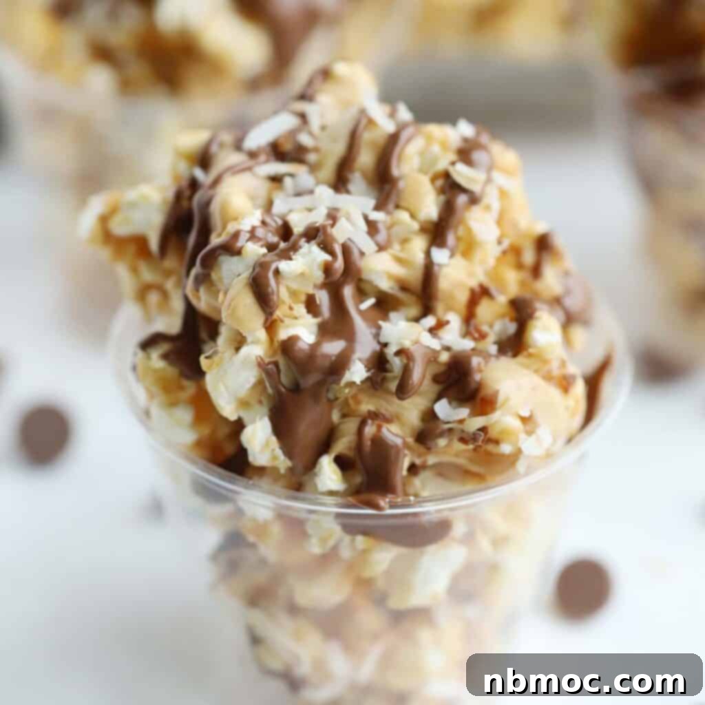 21+ Decadent Caramel Dessert Recipes 10 A plastic cup overflowing with coconut caramel popcorn, garnished with toasted coconut flakes and a rich chocolate sauce drizzle.