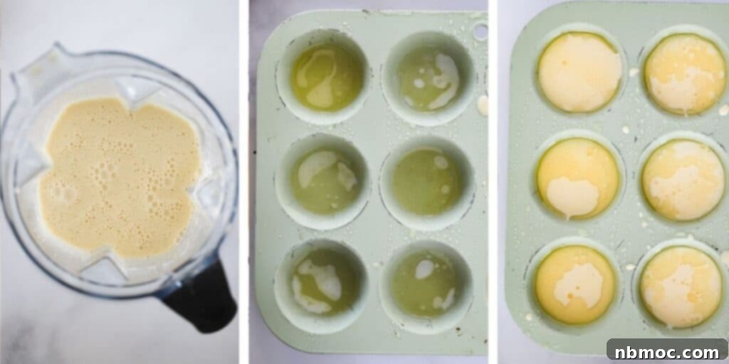 Oven-Puffed Golden Wonders 4 Three photos showing the step-by-step process of making popovers: blender with batter, muffin pan with melted butter, and muffin pans filled with batter.