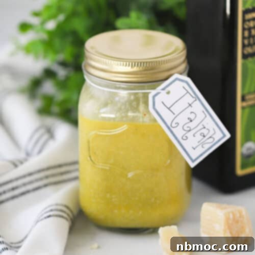 Zesty Italian Vinaigrette 5 Delicious creamy Italian salad dressing in a mason jar, perfectly emulsified and ready to use.