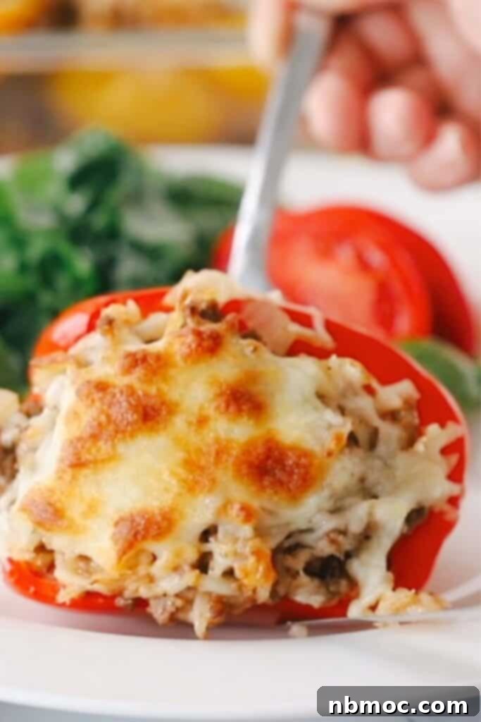 A plate with easy stuffed peppers topped with melted cheese and fresh herbs.