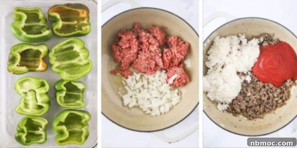 Three photos next to each other showing bell peppers cut in half and laying in a baking dish, a bowl full of raw ground beef and onions and finally a bowl with cooked beef, white rice and tomato sauce.