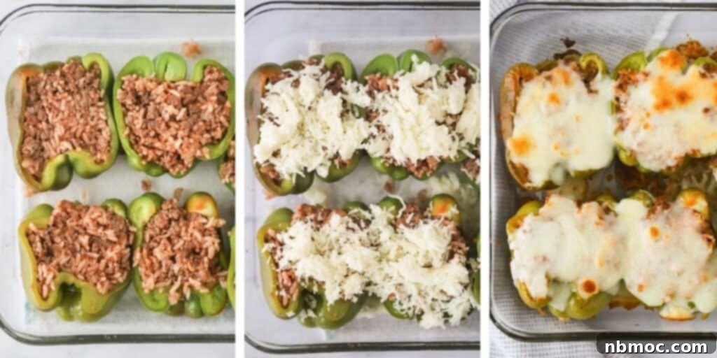 Three photos next to each other showing halved peppers stuffed with filling, then topped with cheese and finally baked until the cheese is golden brown.