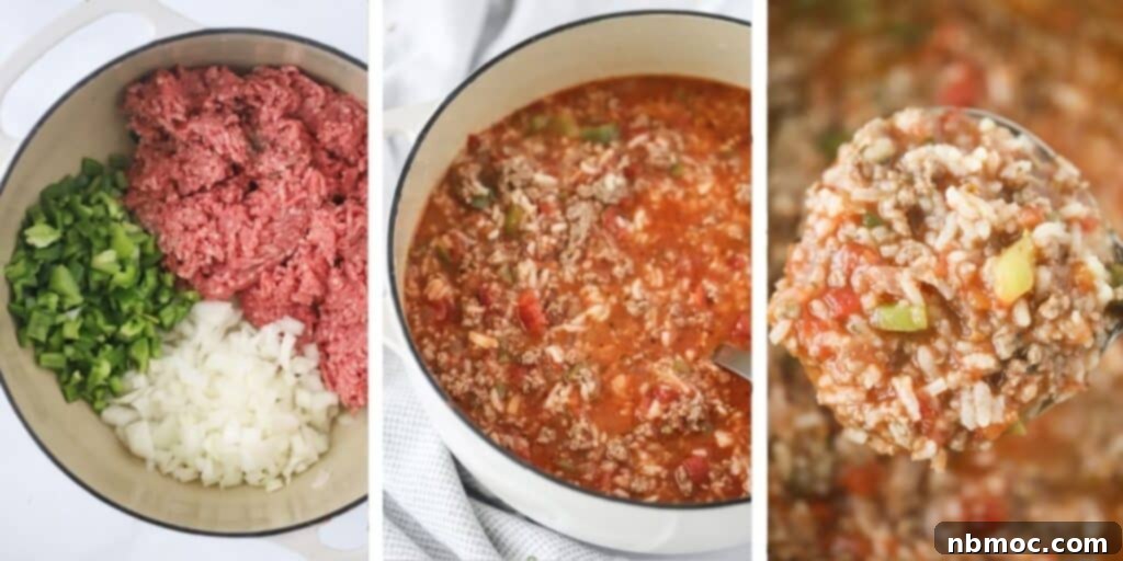 A visual guide showing the three main steps to making stuffed green pepper soup: browning beef and vegetables, simmering with broth and tomatoes, and a ladle serving the finished, hearty soup, highlighting an easy and delicious recipe.