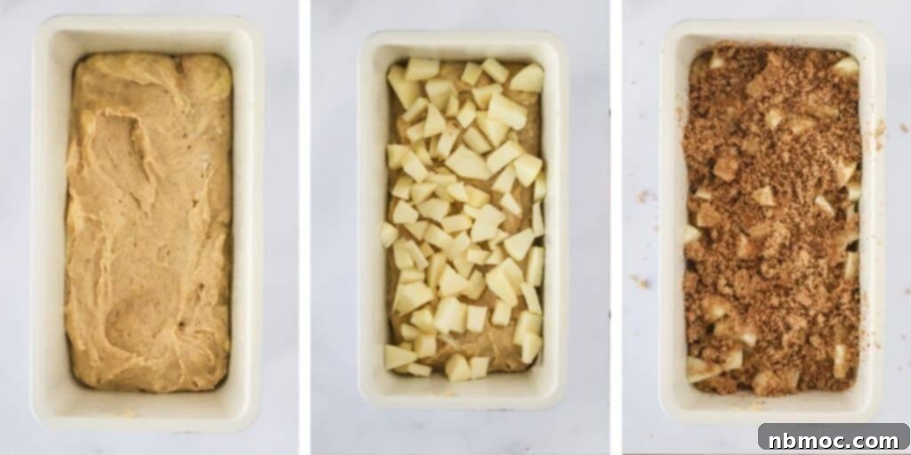 A step-by-step image showing how to make apple bread by layering the batter, apples, and apple cinnamon mixture in a loaf pan.